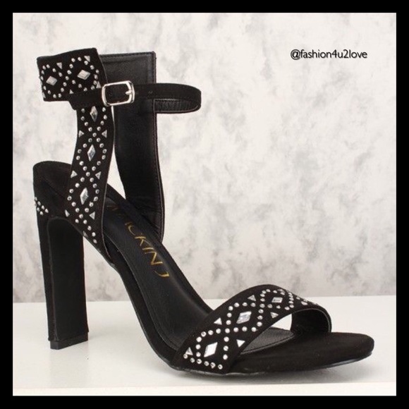Black Gemstone Embellished Ankle Strap High Heels. - Picture 4 of 6